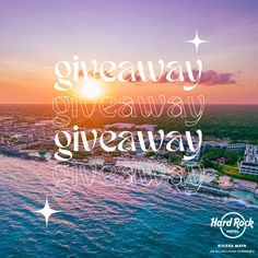 the words giveaway giveaway on top of an aerial view of a beach at sunset