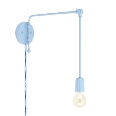 a light blue wall lamp with a bulb on the side and an arm attached to it