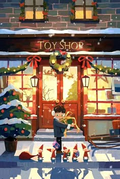 a boy standing in front of a toy shop with a christmas tree and toys on the ground