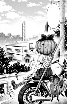 a black and white drawing of a person riding a motorcycle with a pumpkin on the back