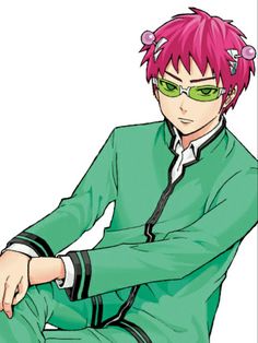 an anime character with pink hair and green glasses sitting on the edge of a chair