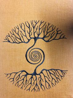 a tree with its roots in the shape of a spiral is shown on a tan background