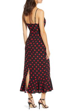 Fiery polka dots brighten this shapely maxi styled with slinky adjustable straps and a frilly, back-slit hem. 51" length Back zip closure V-neck Adjustable straps Lined 100% polyester Hand wash, tumble dry Imported Savvy Maxi Styles, Nordstrom Dresses, Polka Dot, Adjustable Straps, Polka Dots, Hand Wash, Dots, Nordstrom, Maxi Dress