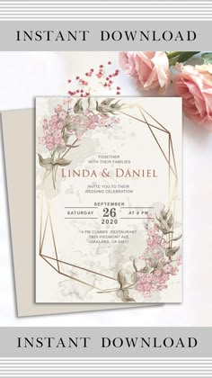 an elegant wedding card with pink flowers and greenery is displayed on a white background