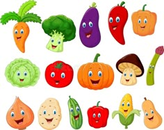 a group of vegetables with faces drawn on them