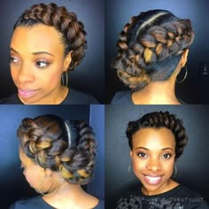 #14: Asymmetrical Halo Braid with Highlights Are you in the market for a braided hairstyle that looks great and is fast and easy to put together? Go for this diagonally parted chunky asymmetrical braid. The bright bronze highlighting is a spicy touch that makes all the difference. Braids And Twists, Natural Braided Hairstyles, Protective Hairstyles For Natural Hair, Bun Updo, French Braid Hairstyles, Pelo Afro, Crochet Braids Hairstyles, Two Braids, Trending Hairstyles