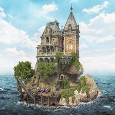 an island in the middle of the ocean with a castle on top and stairs leading to it