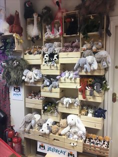 there are many stuffed animals on the shelves