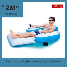 a man laying on an inflatable pool with a drink