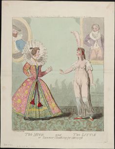 an old fashion illustration shows two women dressed in fancy clothing, one holding her hand out to the other