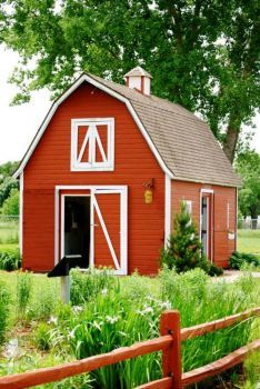 a red barn with a white door and window on the side is surrounded by tall grass