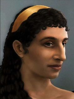 an artist's rendering of a woman with long black hair wearing a yellow headband