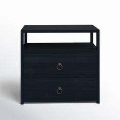 a black night stand with two drawers on each side and an open drawer underneath it