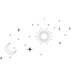 a black and white drawing of stars and the moon