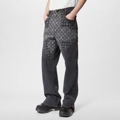 LOUIS VUITTON® - Monogram Flower Denim Pants - Black Cool Hoodies Mens, Louis Vuitton Jeans, Gray Denim Pants, Denim Street Style, Flower Pants, Louis Vuitton Official Website, Contrasting Stitching, Mens Luxury Fashion, Flower Motif