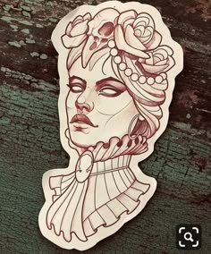 a sticker with a drawing of a woman's face and flowers on it