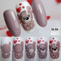 Teddy Bear On Nails, Gel Nails Valentines Day, Bear Nails Designs, Cute Bear Nails, Valentines Nail Set, Baby Nail Art, Nail Art Dessin, Beach Nails Art, Bear Nail Art