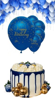 a birthday cake with blue balloons and streamers