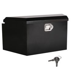 a black storage box with a key on the front and lock attached to it's side