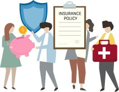 three people standing next to each other holding a clipboard with the words insurance policy written on it