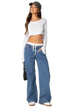 A boxer-style waist trim lends laid-back cool to these baggy wide-leg jeans that are ready for the weekend. Zip fly with button closure Elastic/drawstring waist Five-pocket style Machine wash, line dry Imported Cute Bottoms Pants, Unrealistic Wishlist, Drawstring Jeans, 2025 Fashion Trends, Hair Care Gifts, Cute Pants, 2025 Fashion, Holiday Pajamas, Blue Fits