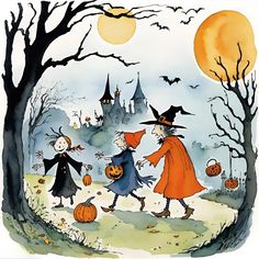 two children dressed up as witches in front of a castle with bats and pumpkins