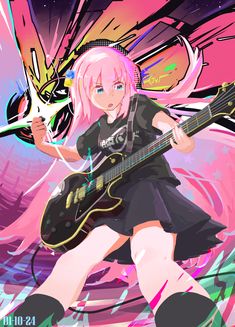 a girl with pink hair holding a guitar in front of an abstract background and text