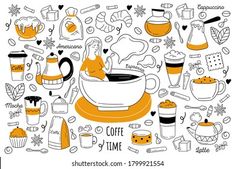 an orange and white illustration with coffee related items