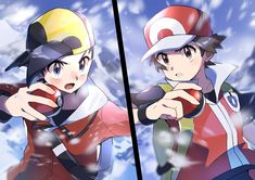 two anime characters are in the snow with one pointing at the camera while the other looks on