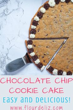 the chocolate chip cookie cake has been cut into slices and is ready to be eaten