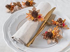 a white plate topped with two napkins covered in fall leaves and pineconis