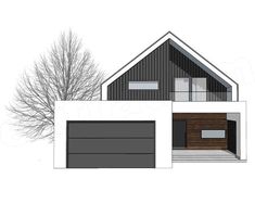 a drawing of a house with two garages on the side and trees in front