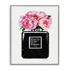 a painting of pink flowers in a black bottle with the words coco and chanel on it