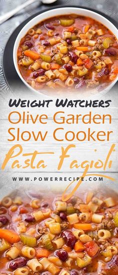 a bowl of soup with beans and carrots in it next to the words, olive garden slow cooker pot - fried