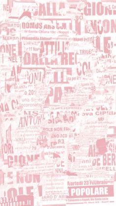 a pink and white wallpaper with different types of words on it's side