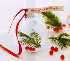 a glass ornament with red berries and pine needles on it next to a ribbon that says merry christmas