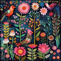 a painting of flowers and birds on a black background