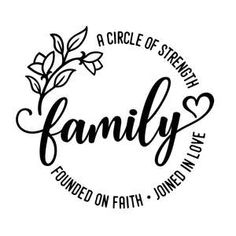 the word family is surrounded by leaves and hearts on a white background with black lettering