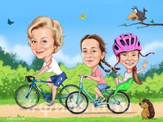 two women and a boy are riding their bikes in the park with an animal behind them