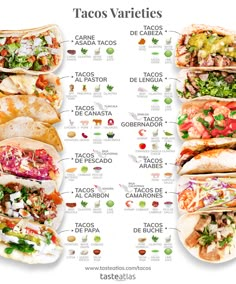 the tacos varieties are shown in this poster, with different toppings on each side