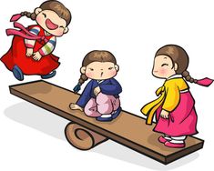 three children playing on a seesaw with one child sitting on the top and another standing on the bottom