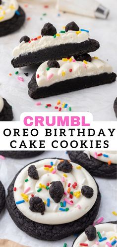 oreo birthday cake cookies with white frosting and sprinkles on top