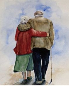 an old couple walking down the street with their arms around each other, saying good morning