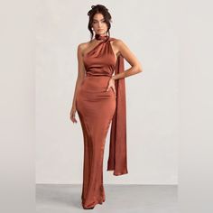 Club L London Mademoiselle Rust Backless Satin Asymmetric Scarf Neck Maxi Dress Features: New With Tags Size: Uk 10 Color: Rust Asymmetric Scarf Neck Backless Design Cowl Back Detail Premium Satin Fabric One-shoulder Bias Cut Party Gown, One-shoulder Bias Cut Gown For Party, Fitted Asymmetrical Satin Evening Dress, Asymmetrical Satin Gown For Evening, Asymmetrical Satin Prom Gown, Asymmetrical Pre-draped Evening Dress For Prom, Pre-draped Asymmetrical Evening Dress For Prom, Asymmetrical Satin Cocktail Gown, Elegant Asymmetrical Mini Dress For Prom