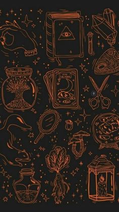 an orange line drawing of various items on a black background