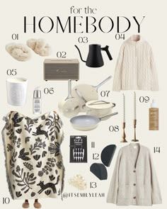 a poster with the words for the home body in black, white and beige colors