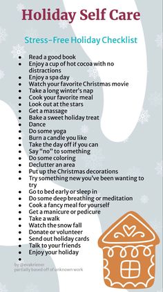 the holiday self care checklist is shown in white and blue with snowflakes on it