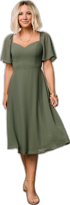 Colette Sweetheart Midi Dress | Dark Sage - Baltic Born Chic Green A-line Chiffon Dress, Elegant A-line Midi Dress With Smocked Back, Green Flowy A-line Chiffon Dress, Modest Chiffon Midi Dress, Modest Midi Length Chiffon Dress, Chiffon Midi Bridesmaid Dress, Chiffon Midi Dress For Bridesmaids, Chic Knee-length Bridesmaid Midi Dress, Green Chiffon Casual Maxi Dress