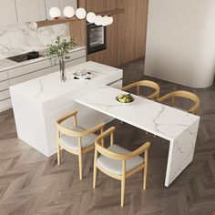 a modern kitchen with white marble counter tops and wooden chairs around the dining room table