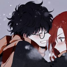 two anime characters are hugging in the snow